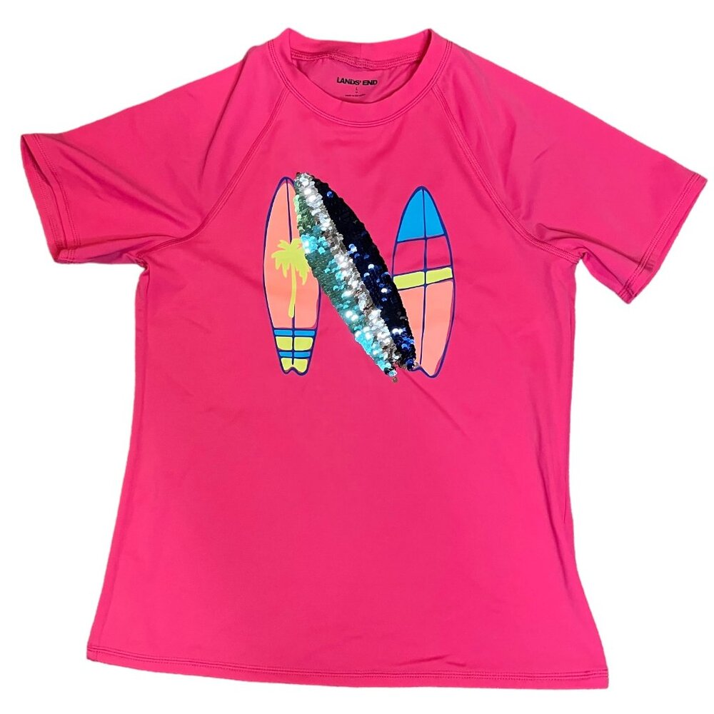 Lands' End Lined Rash Guard Girls Large 14 Hot Pink Swim Shirt Sequin Surfboard